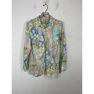 Talbots‎ Womens Shirt 1X Floral Beachy Pastel Tropical Travel Button Up Preppy